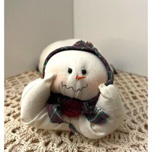 Vintage Handmade Snowman Pillow Plush With Tartan Scarf & Button Accents